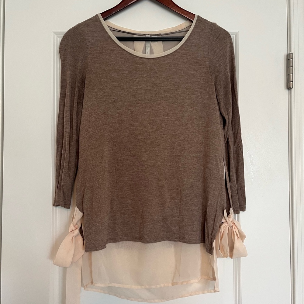 LC Lauren Conrad Brown and Cream Blouse with Bow Accents